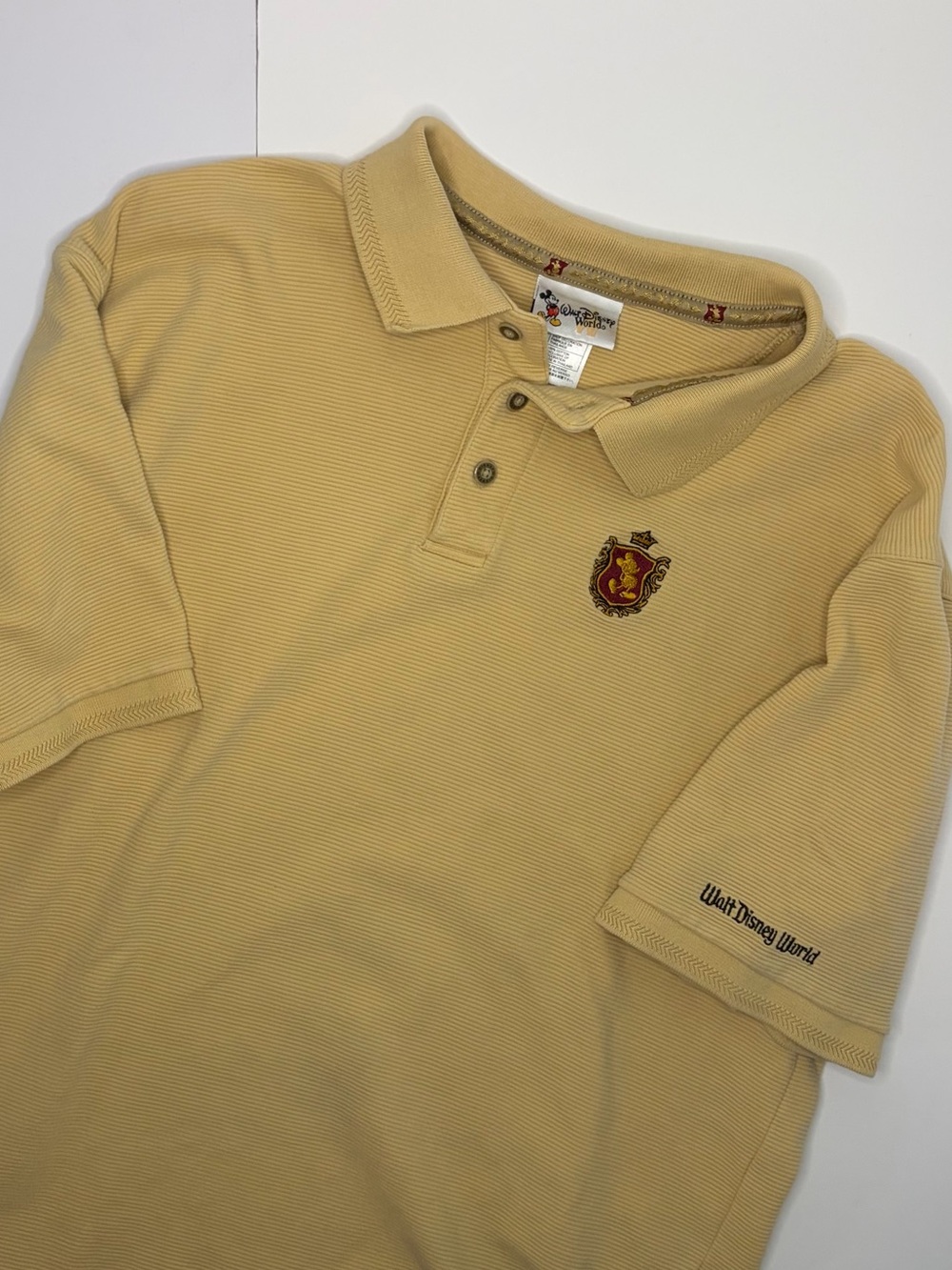 Vintage Walt Disney World Yellow Ribbed Polo L - Mickey Mouse Crest Shield